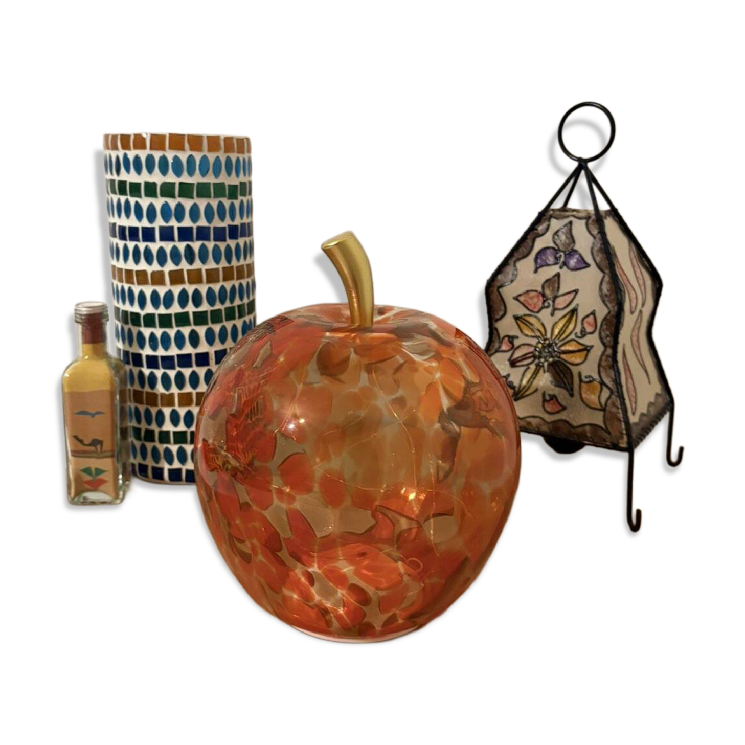 Lampe pomme en verre blanc, orange & rouge – vintage