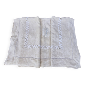 Old linen sheet with return - EP monogram & large handmade openwork - 2