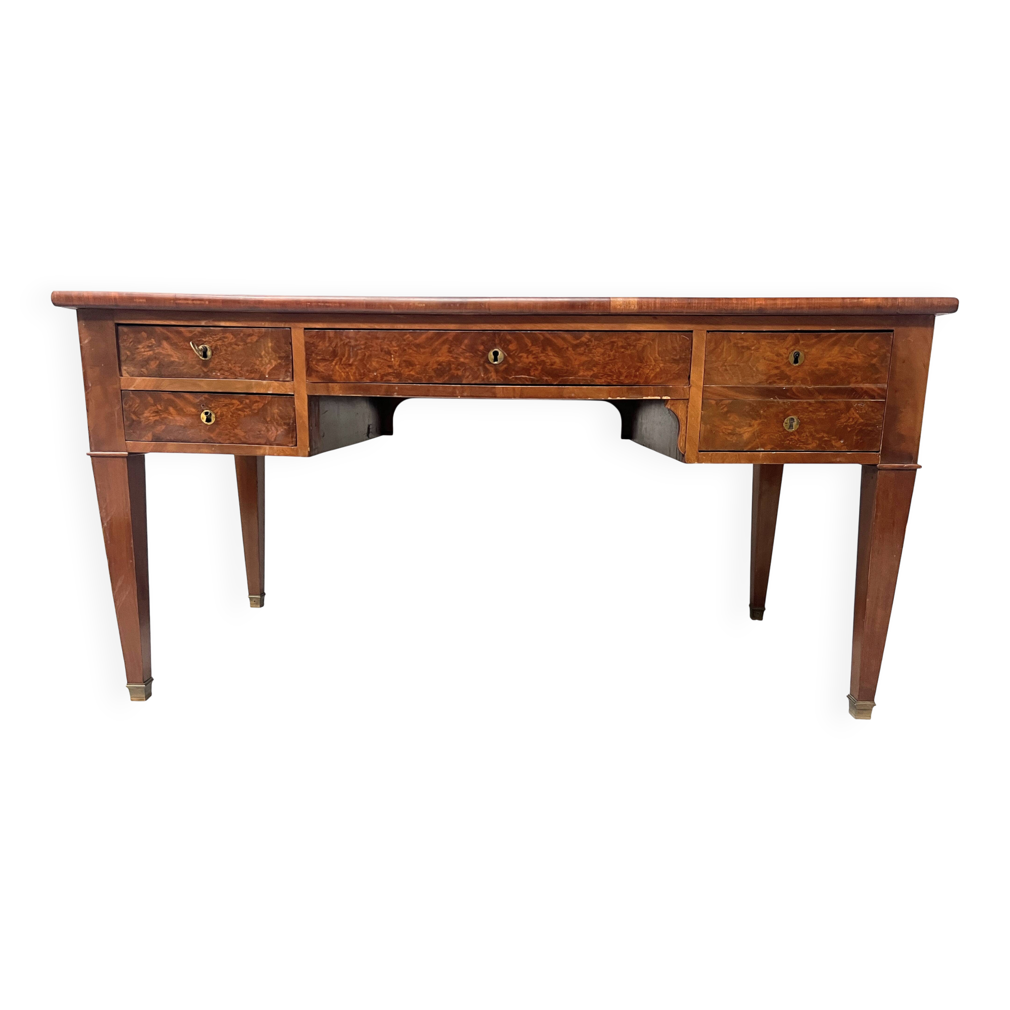 Louis XVI style flat desk in walnut and veneer, 19th century.