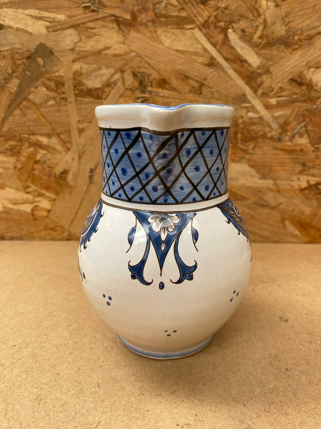 Antique Nevers Style Pitcher White Ceramic Blue Painted Decor Vintage #B630