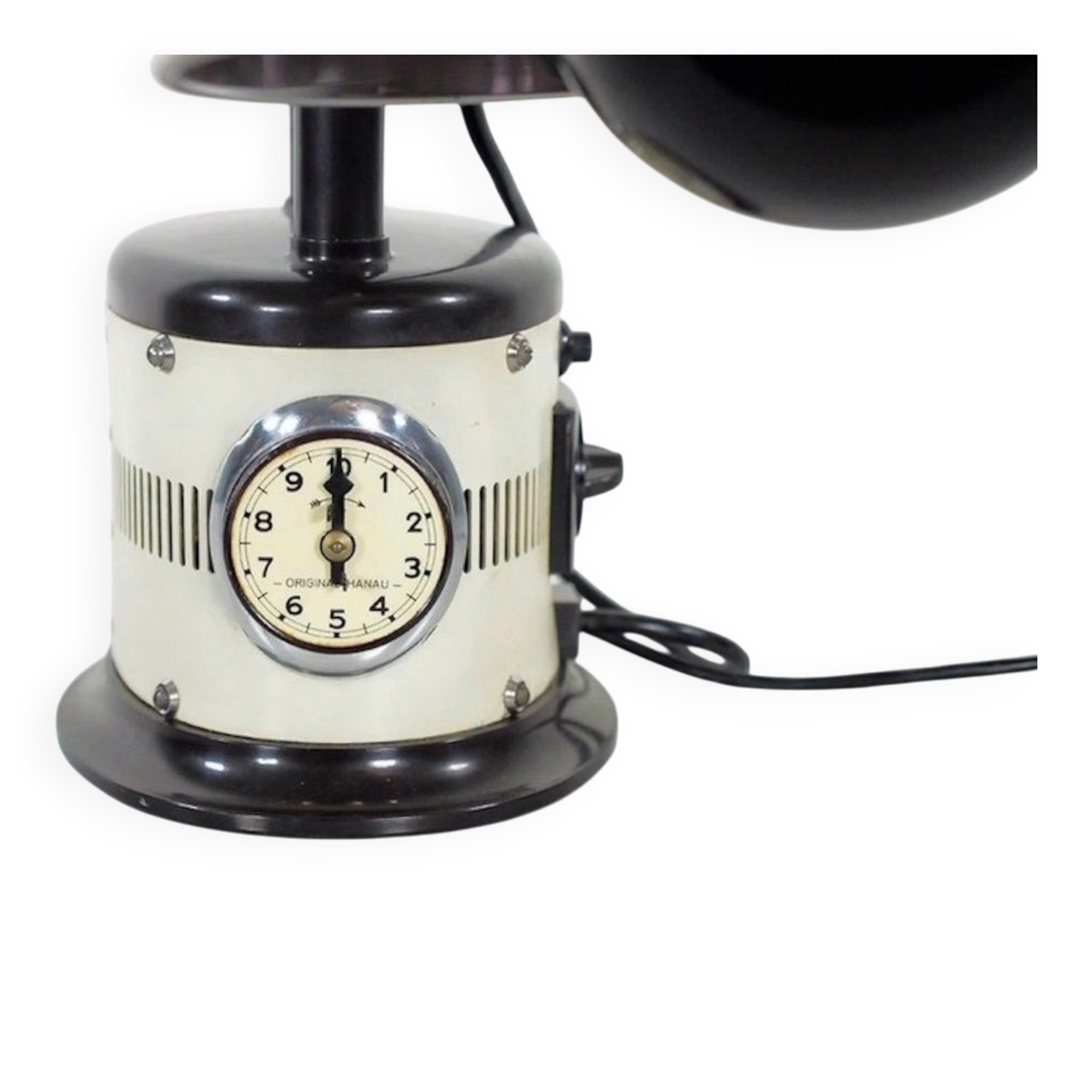 Black and white table lamp made from a 1940s solar lamp.