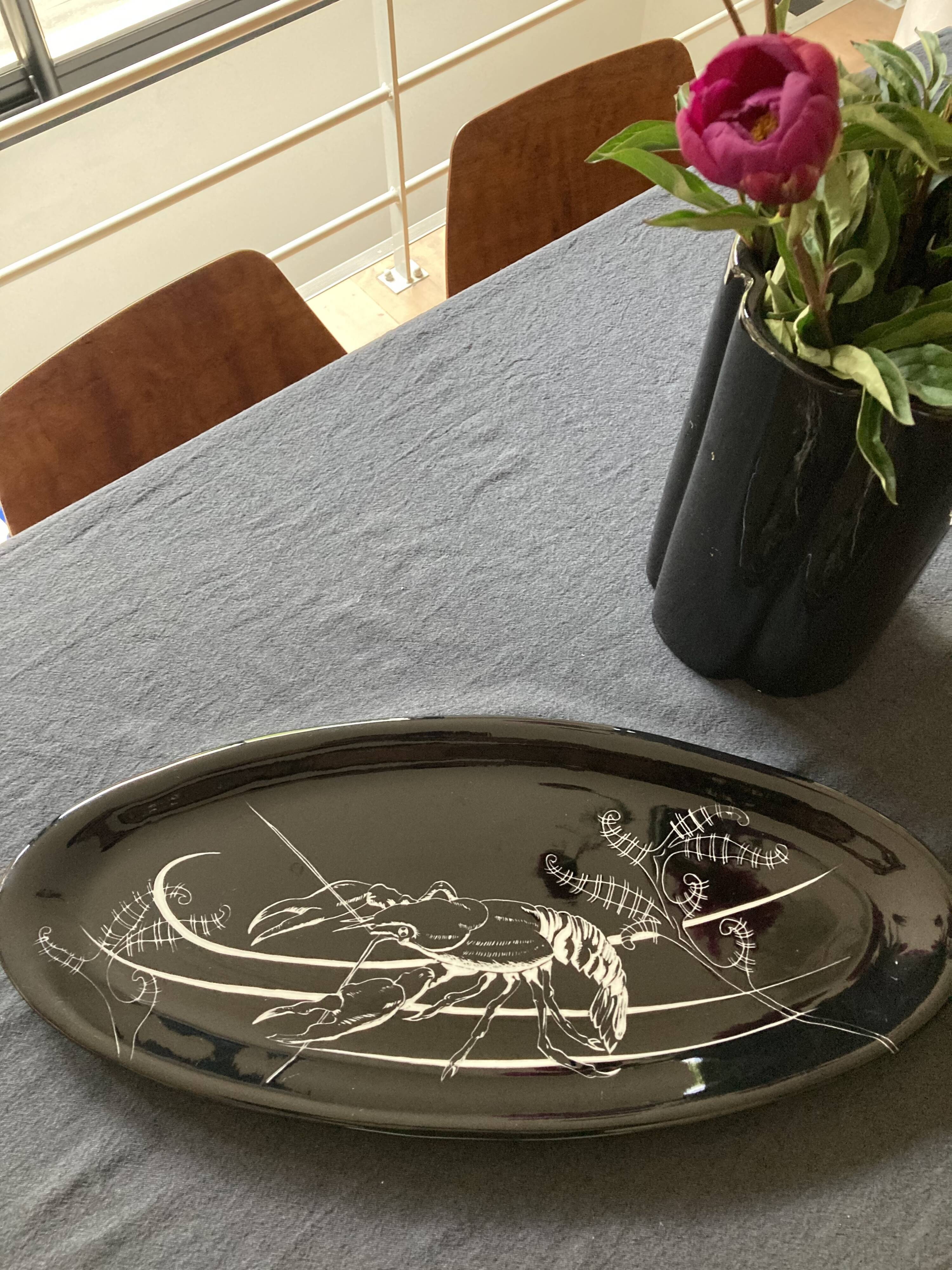 Glazed ceramic lobster fish dish from the 1950s.