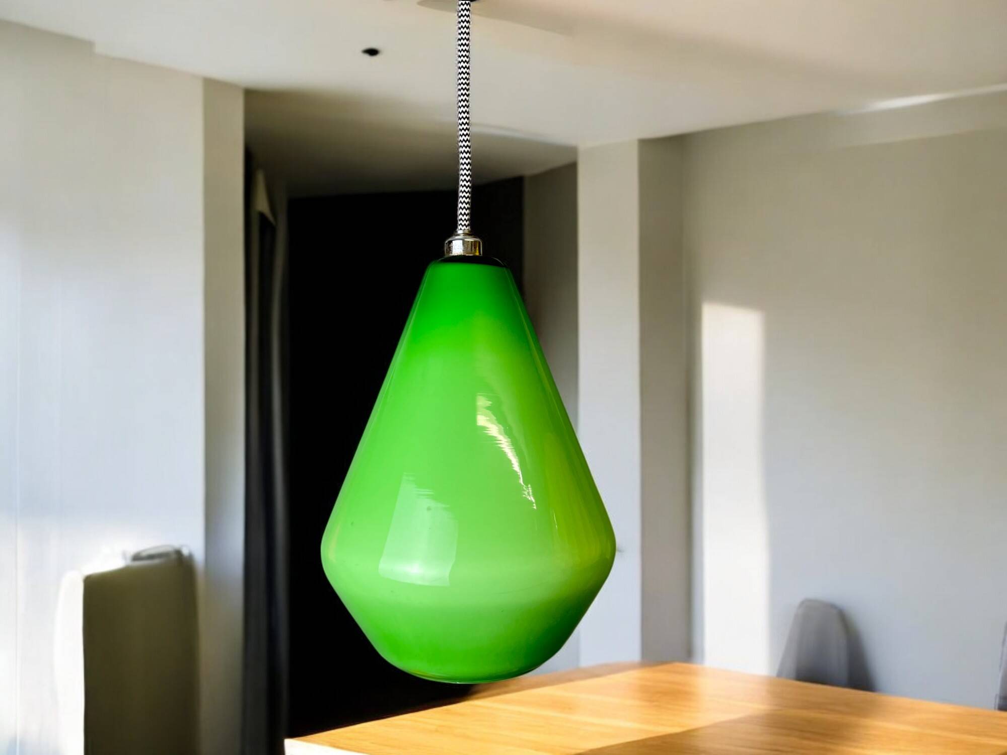Green opaline tear drop shaped hanging lamp light