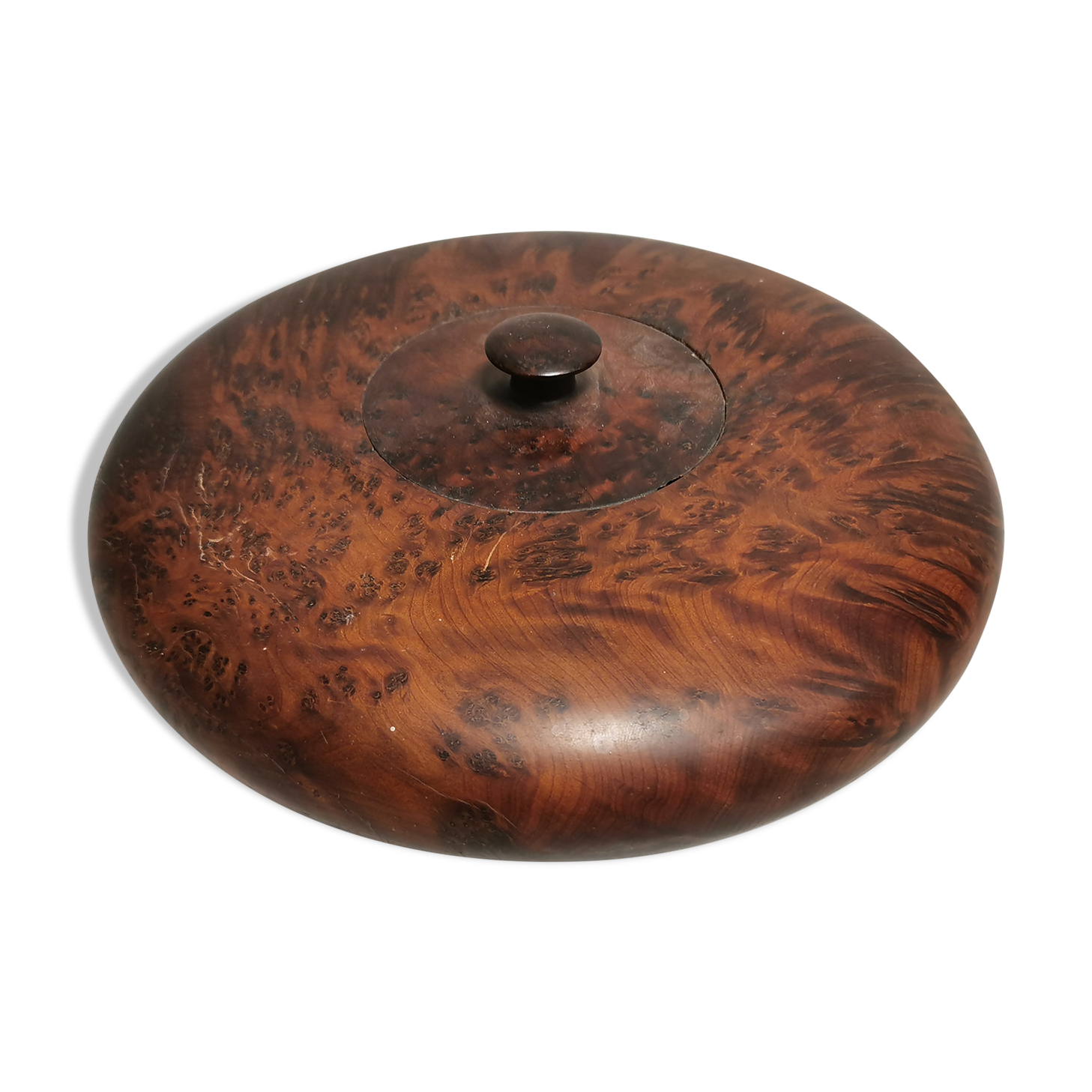 Boite ancienne ronde en loupe d'orme ou thuya