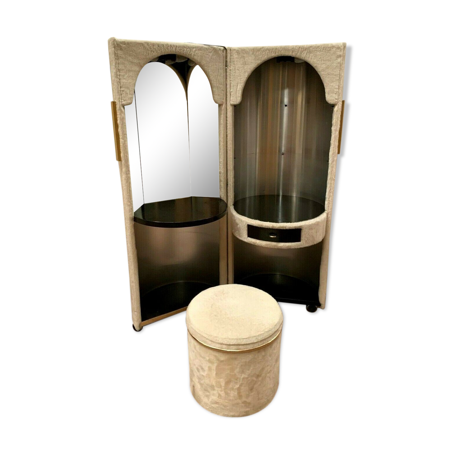Coiffeuse ronde et son pouf en velours beige des années 70