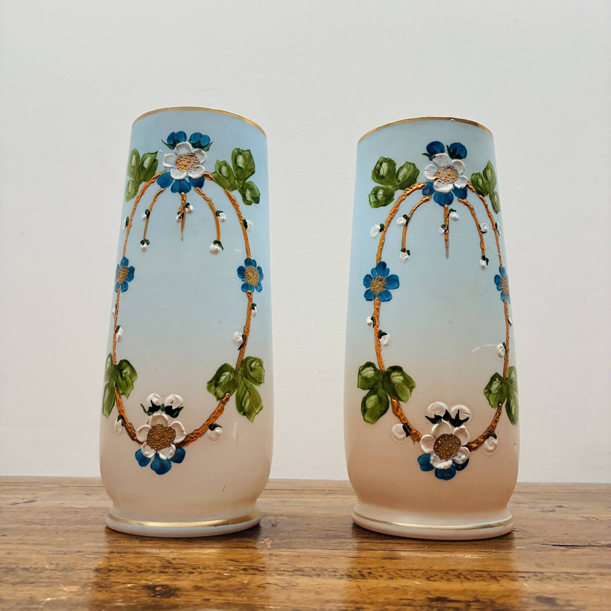 Rare pair of antique hand-painted opaline glass vases – Napoleon 3