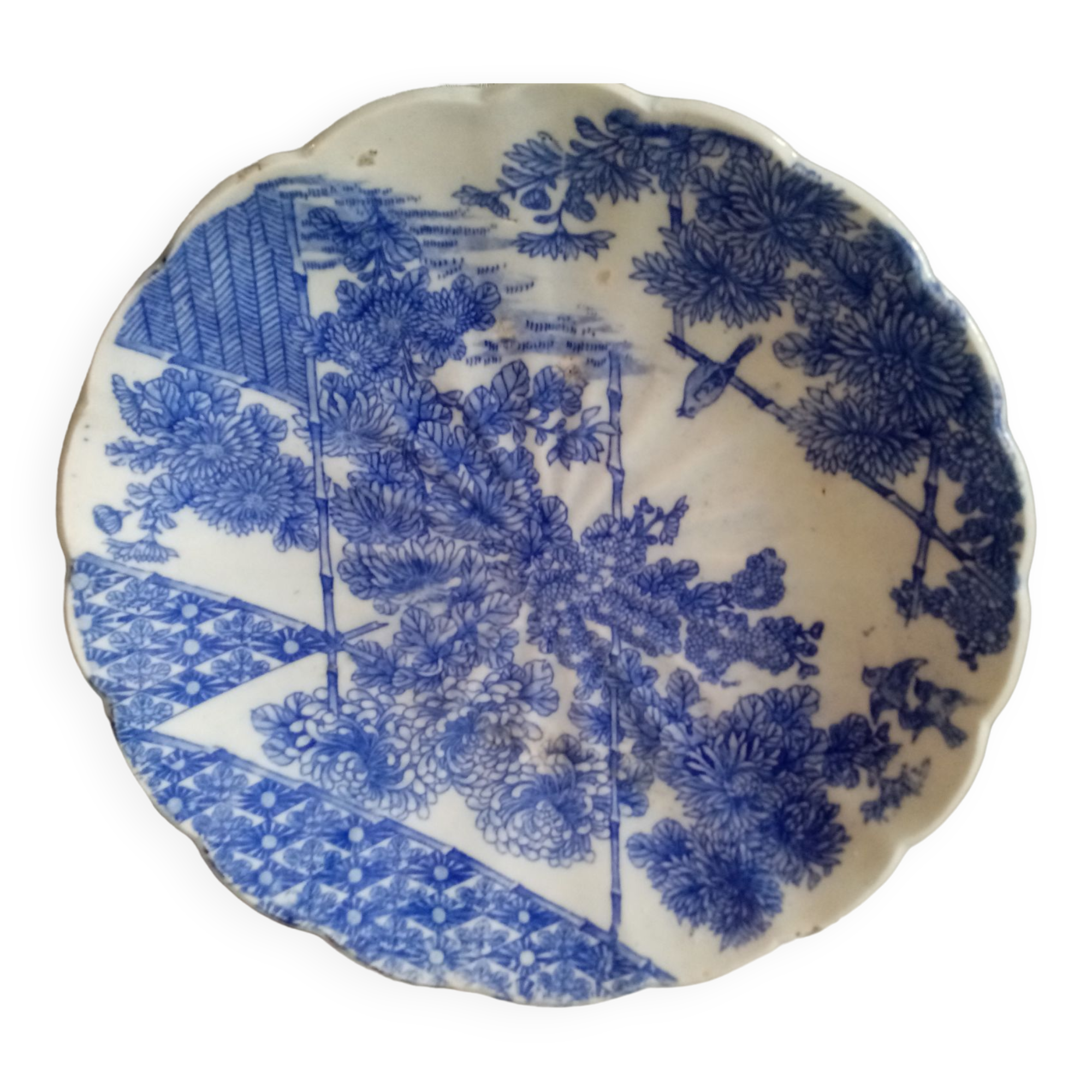 Asian earthenware dish with floral and bird decoration