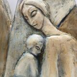 Panneau en hêtre peint et sculpté à la main représentant la Sainte Famille, Italie