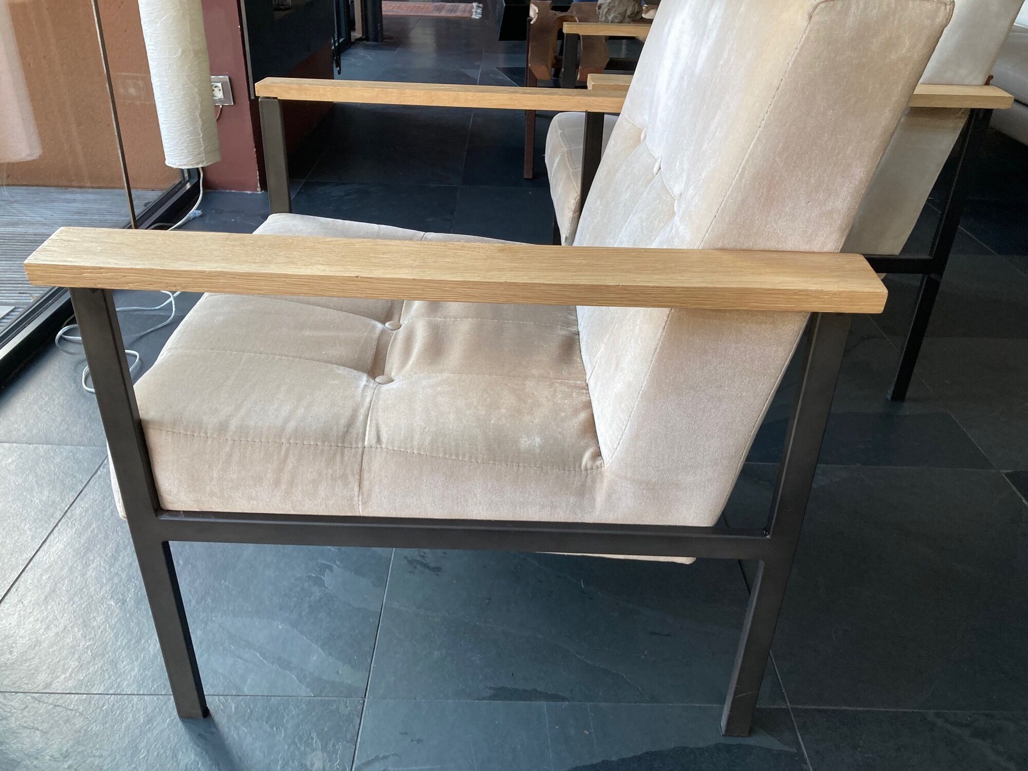 Pair of pomax metal/velvet armchairs