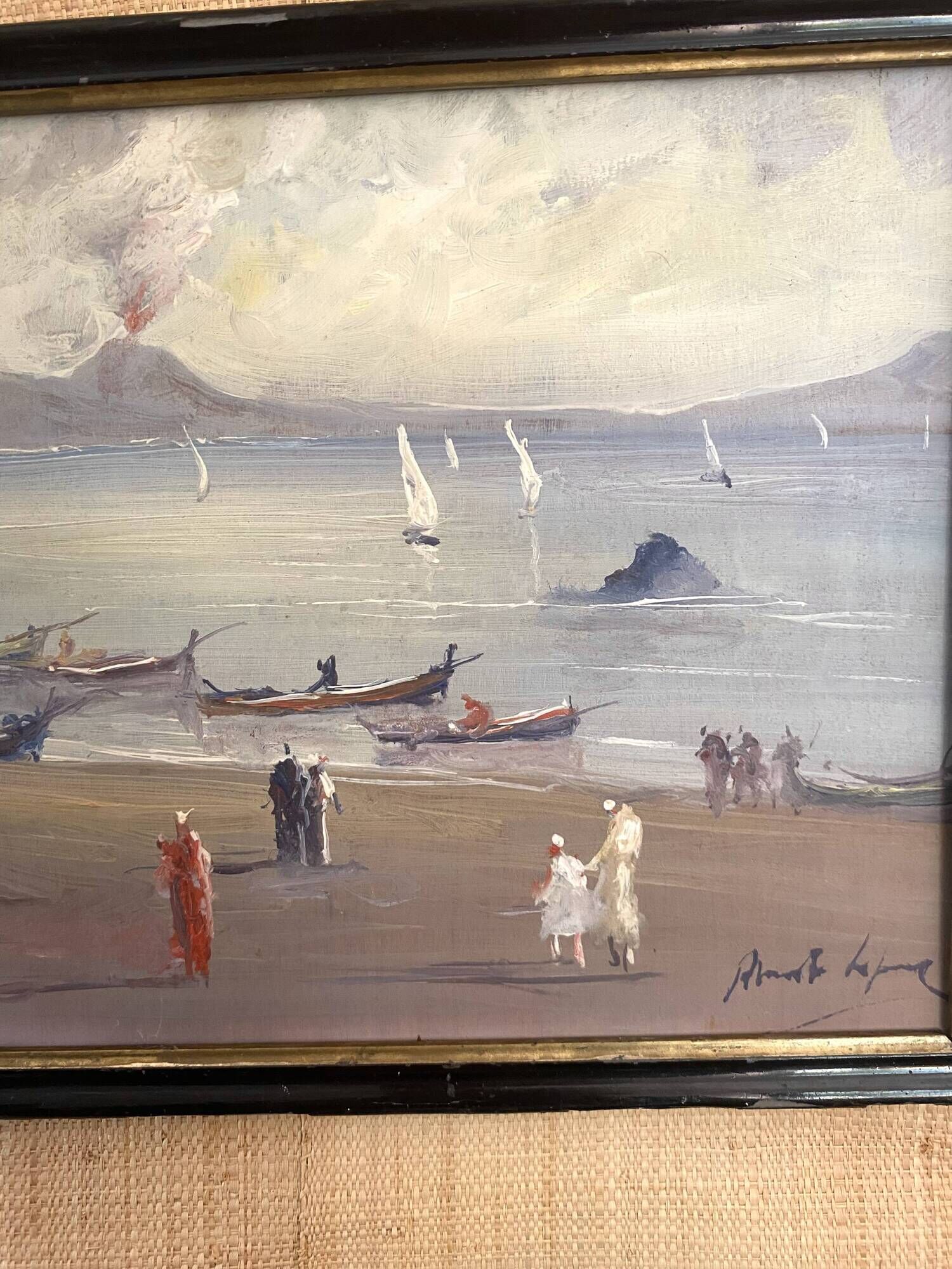 Oil painting "Fishermen of Sicily" 1960, Napoleon III frame