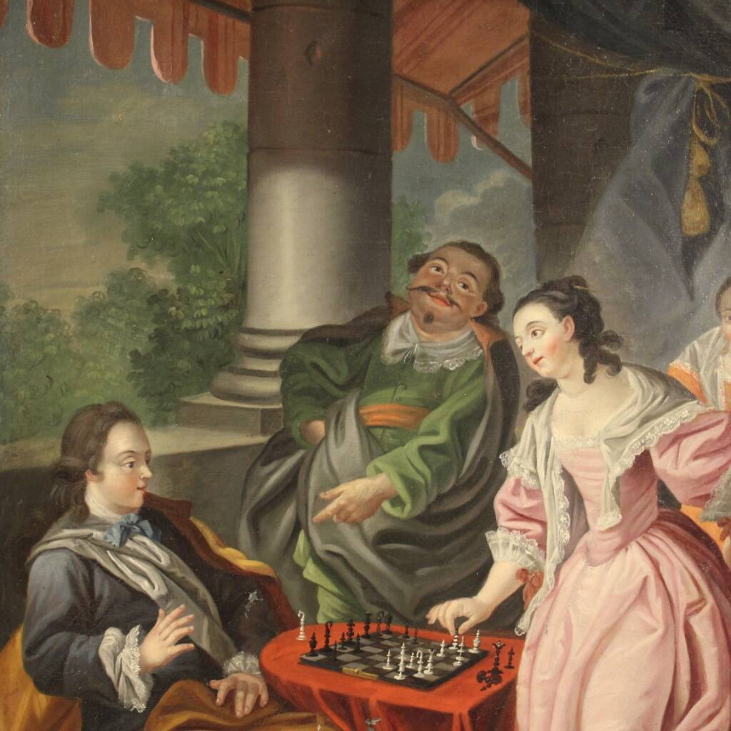 French painting from the 18th century, couple playing chess