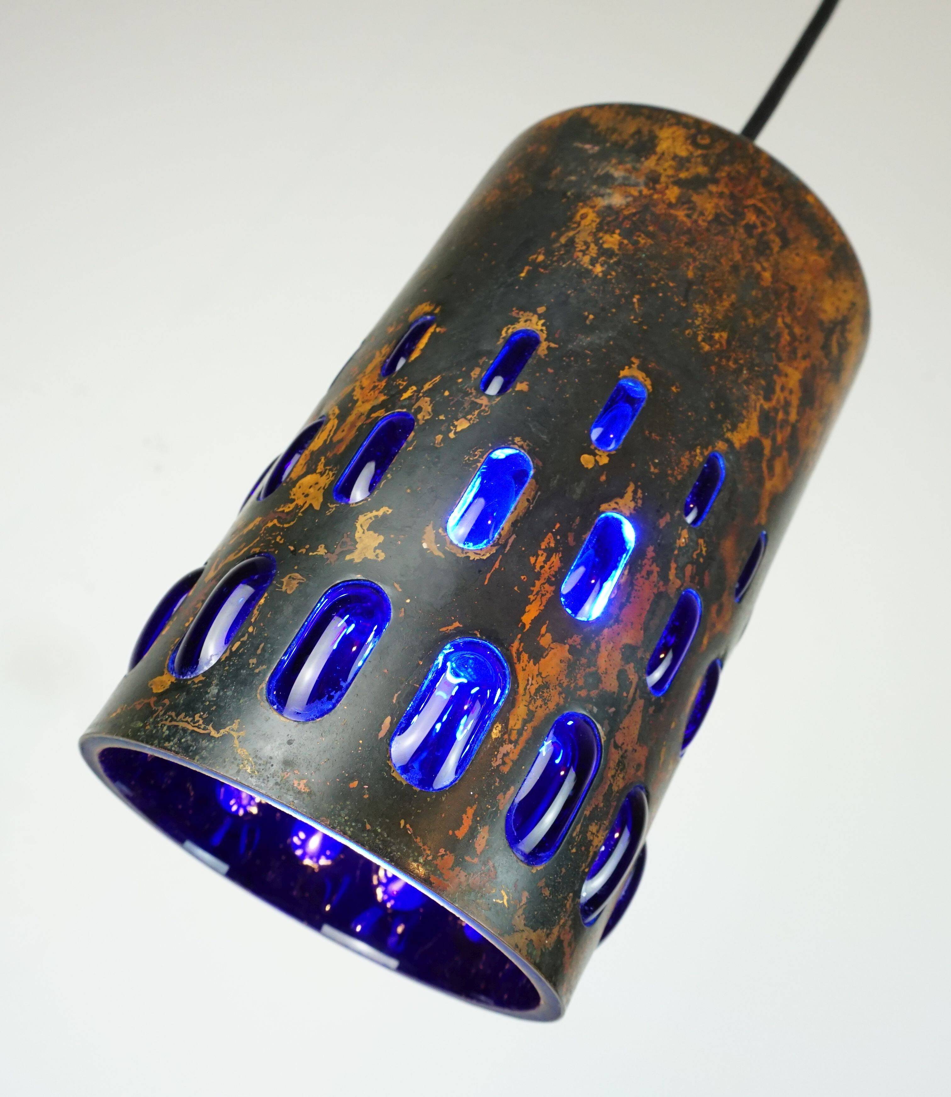 mid century modern PENDANT LAMP flamed copper and blue glass 1960s