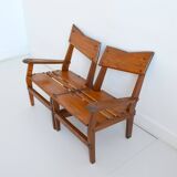 Armchairs convertible into Brutalist Bench in solid wood 1940 vintage