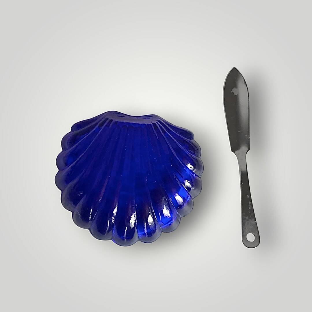 Vintage shell butter dish in stainless steel and cobalt blue glass with knife