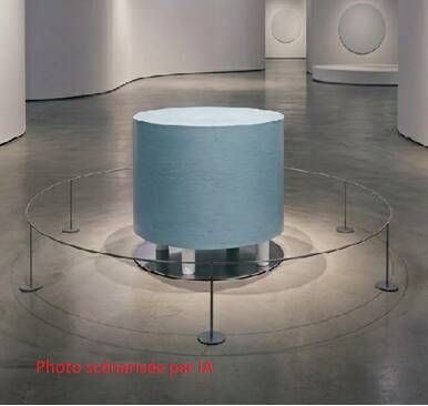 Pastel blue cylindrical coffee table "Tambour" – Artisan design.