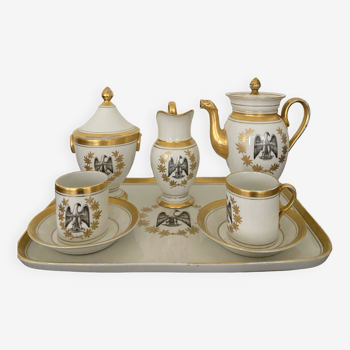 Service à café tête à tête porcelaine blanche et or à décor d'Aigle datant du XIXe - Style Napoléon