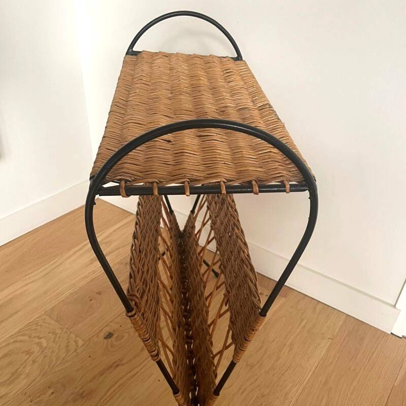 Vintage rattan and black metal magazine rack – Nightstand