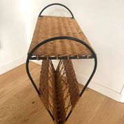 Vintage rattan and black metal magazine rack – Nightstand