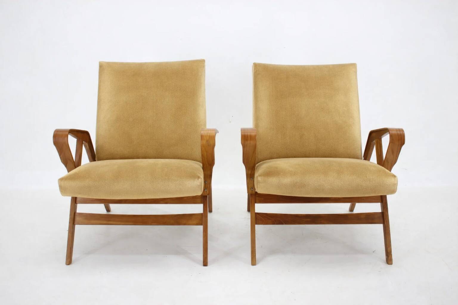Mid-century armchairs, wooden frame & upholstered, František Jirák, 1960s–70s, Czechoslovakia