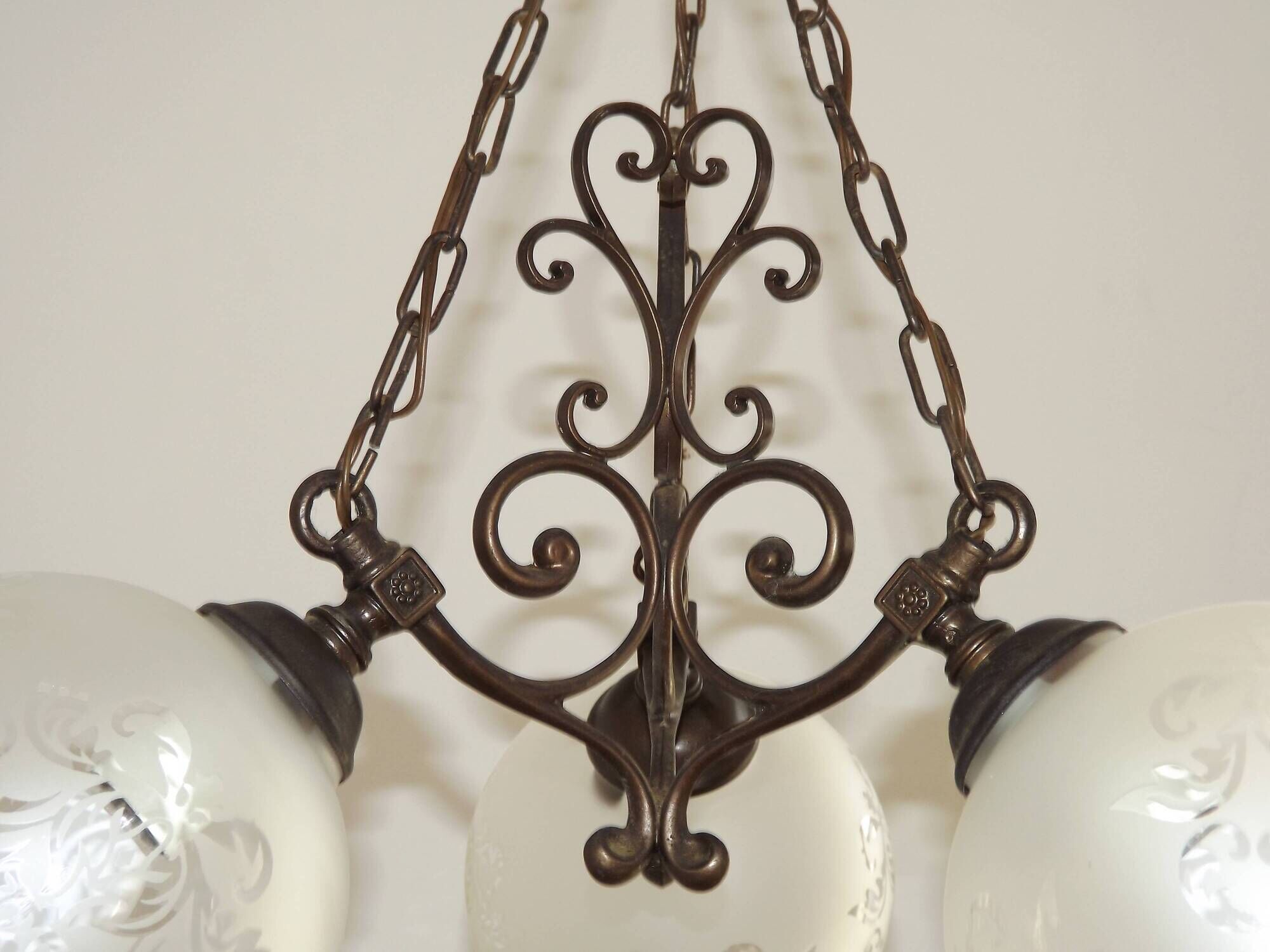 French Vintage 3 Light Bronze Effect Chandelier - Opaque Glass Ball Shades