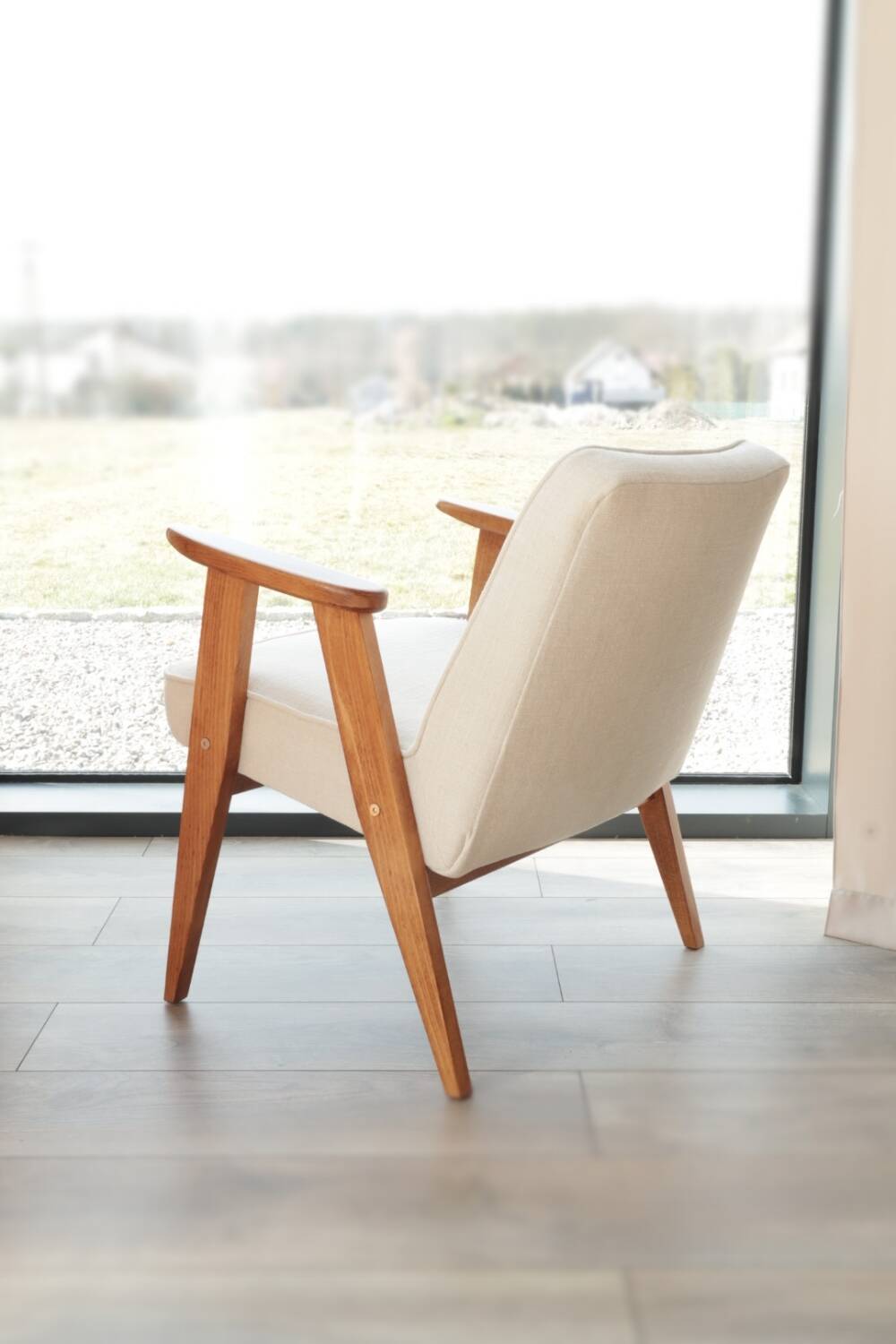 Fauteuil Lounge Vintage Crème Blanche Tissu Bois Naturel Design Scandinave