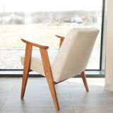 Fauteuil Lounge Vintage Crème Blanche Tissu Bois Naturel Design Scandinave