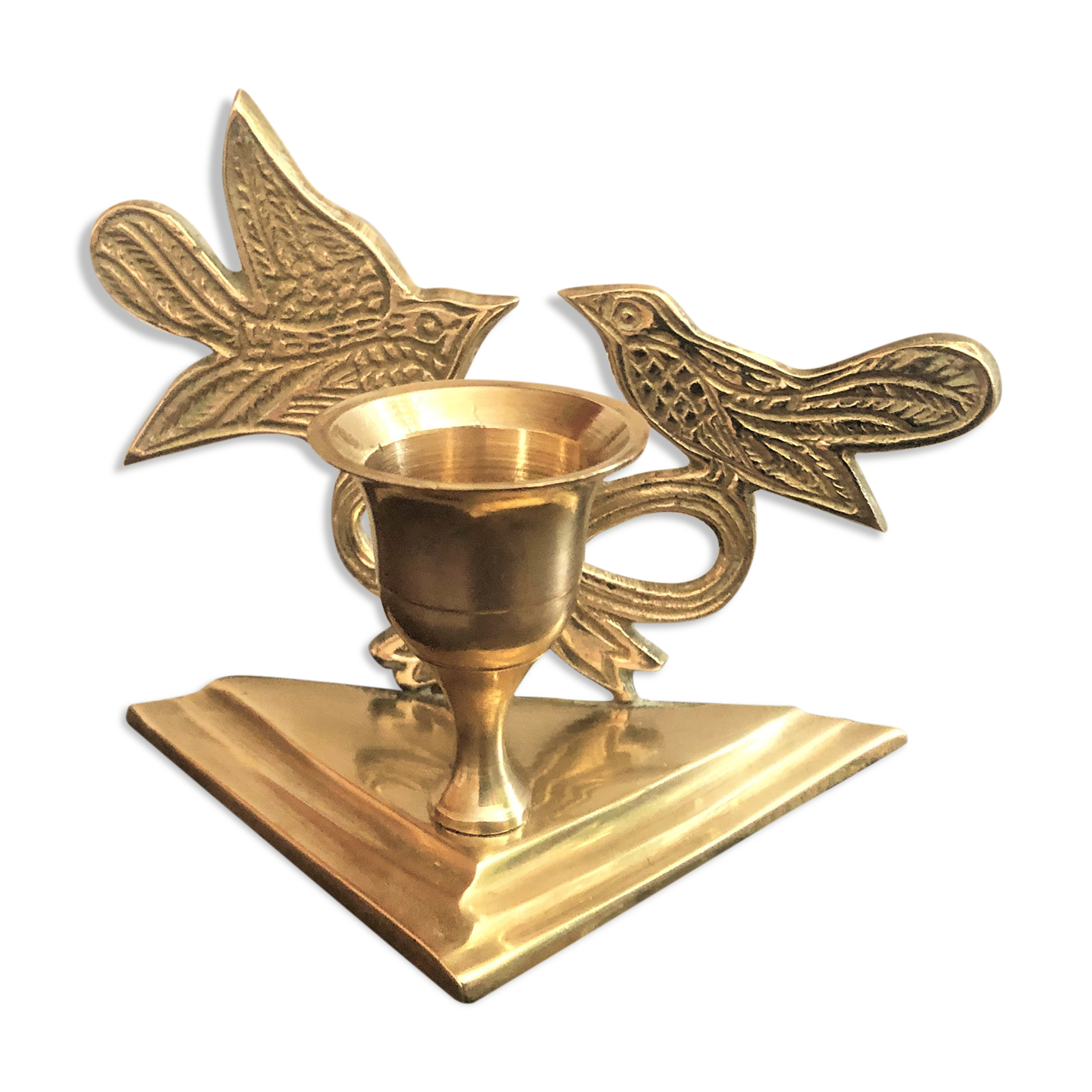 Bougeoir laiton doré décor oiseaux