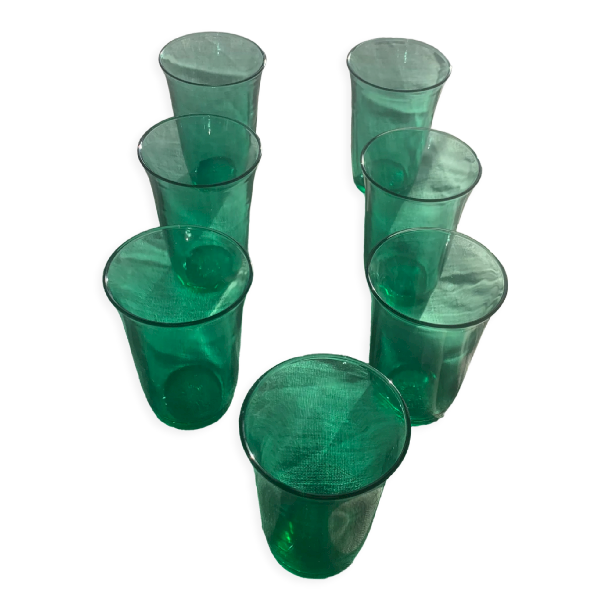 7 water glasses in green glass advertising vintage Lesieur oil