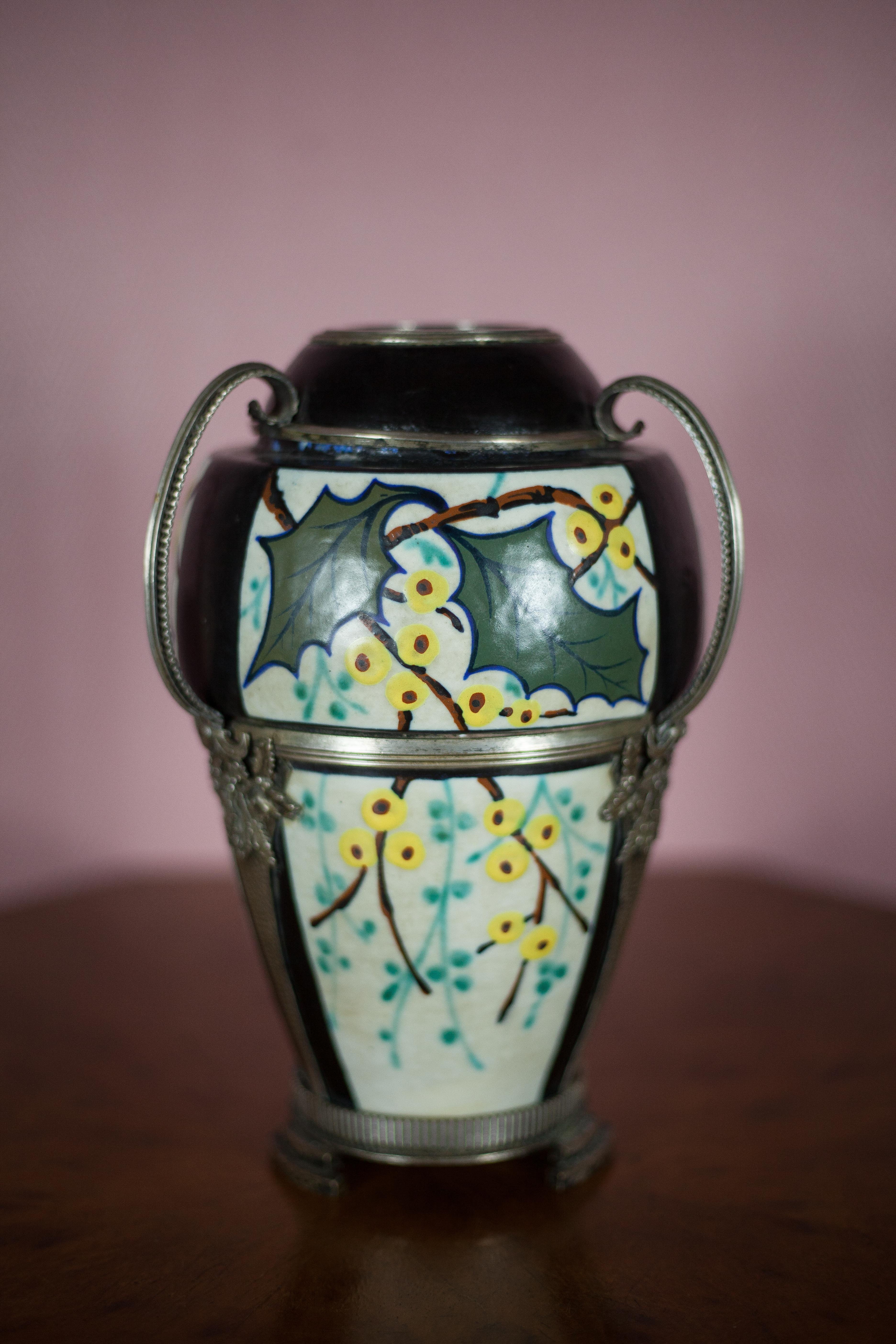 Ceramic vase with silver frame, vase signed by Argyl, Art Nouveau vase, art deco, collection