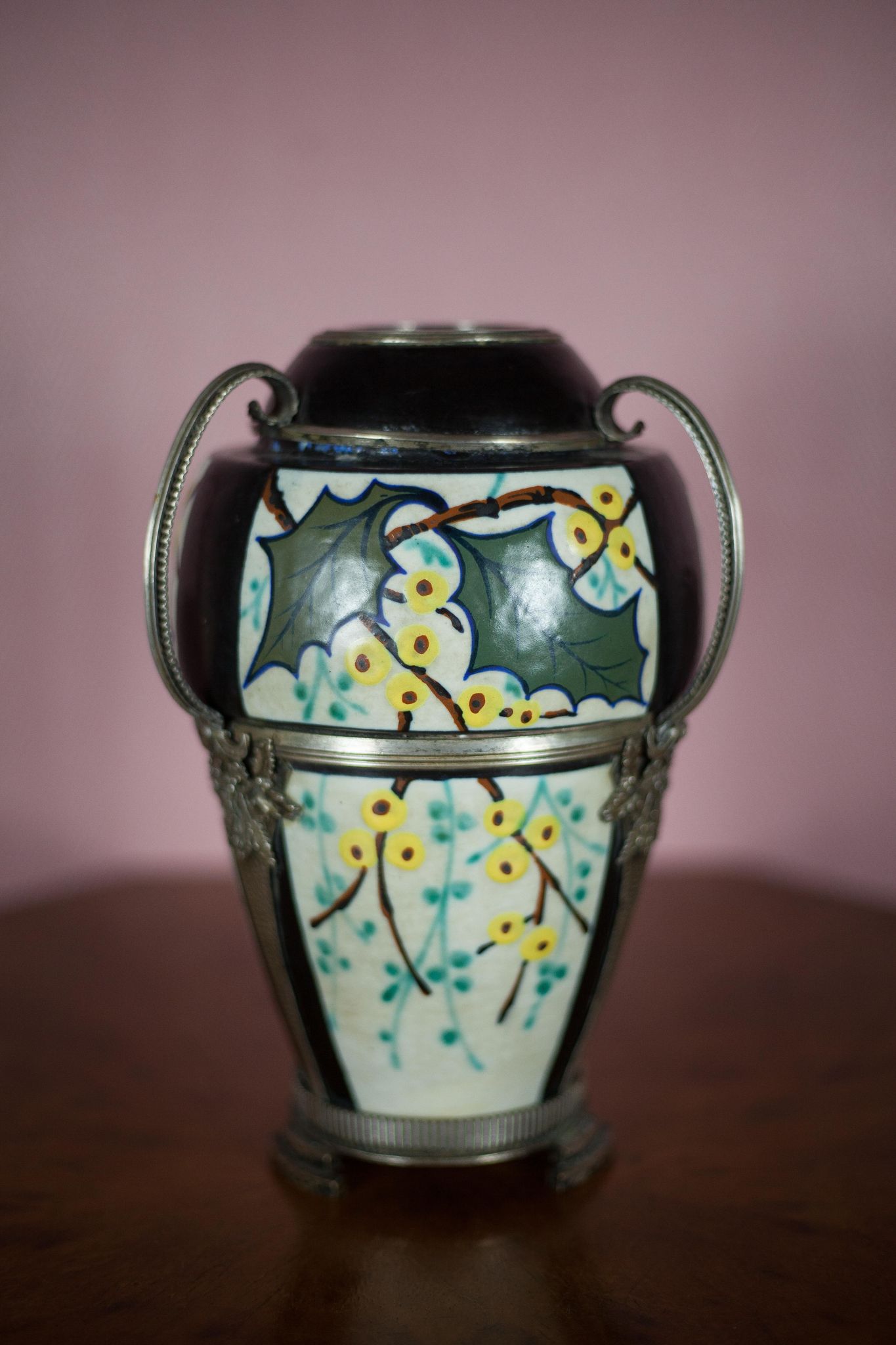Ceramic vase with silver frame, vase signed by Argyl, Art Nouveau vase, art deco, collection
