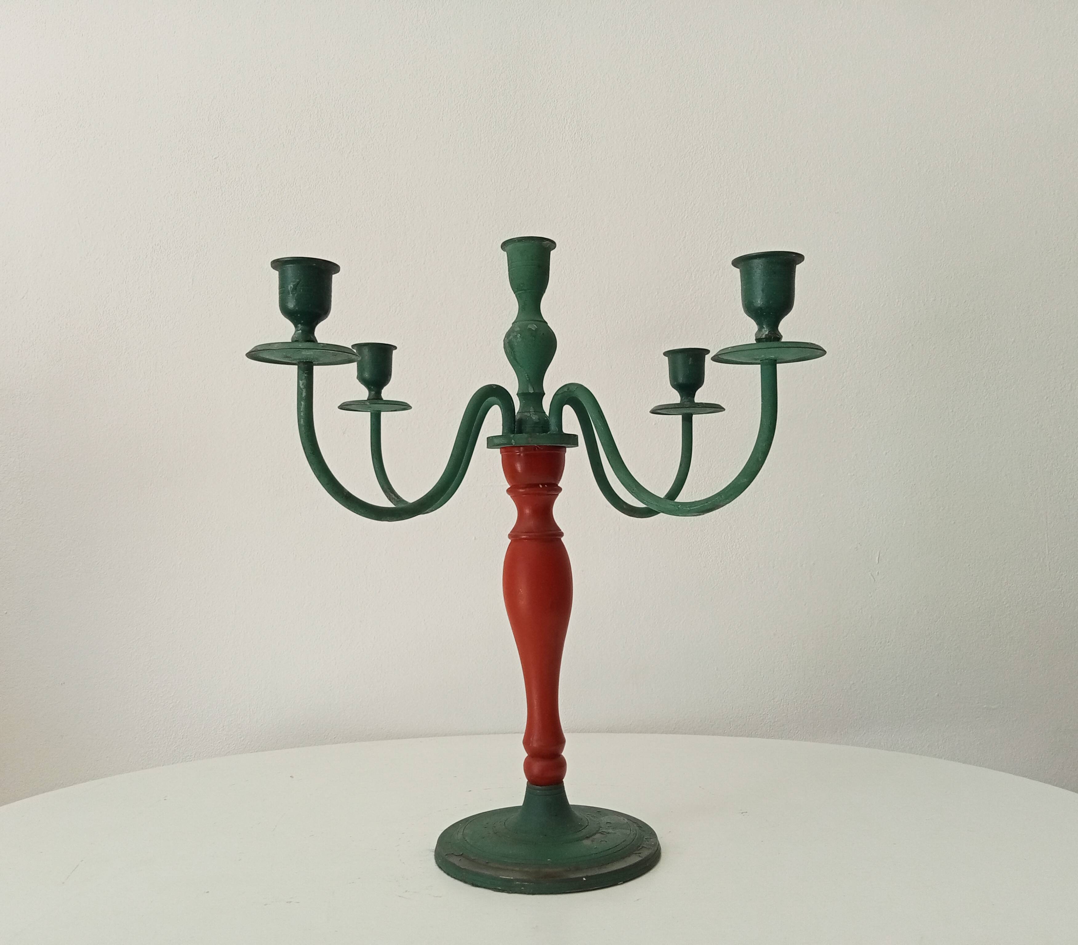 Antique 4-branch wood and metal candlestick