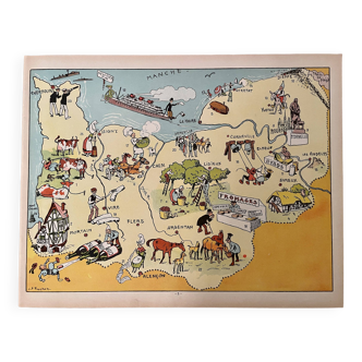 Old poster illustrated map of Normandy 1945 - JP Pinchon