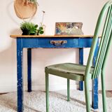 Ancient blue pie wooden workshop table