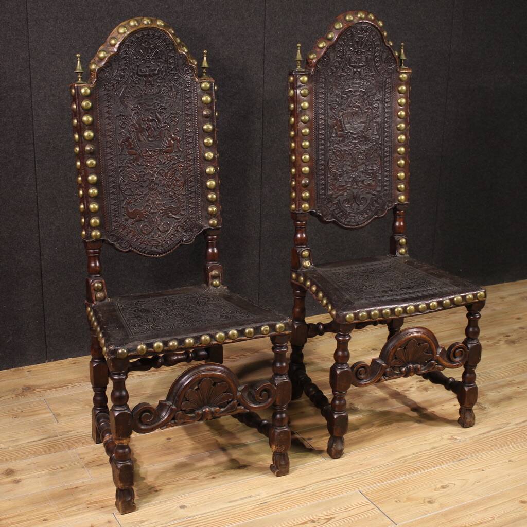 Pair of 18th-century antique Italian leather chairs