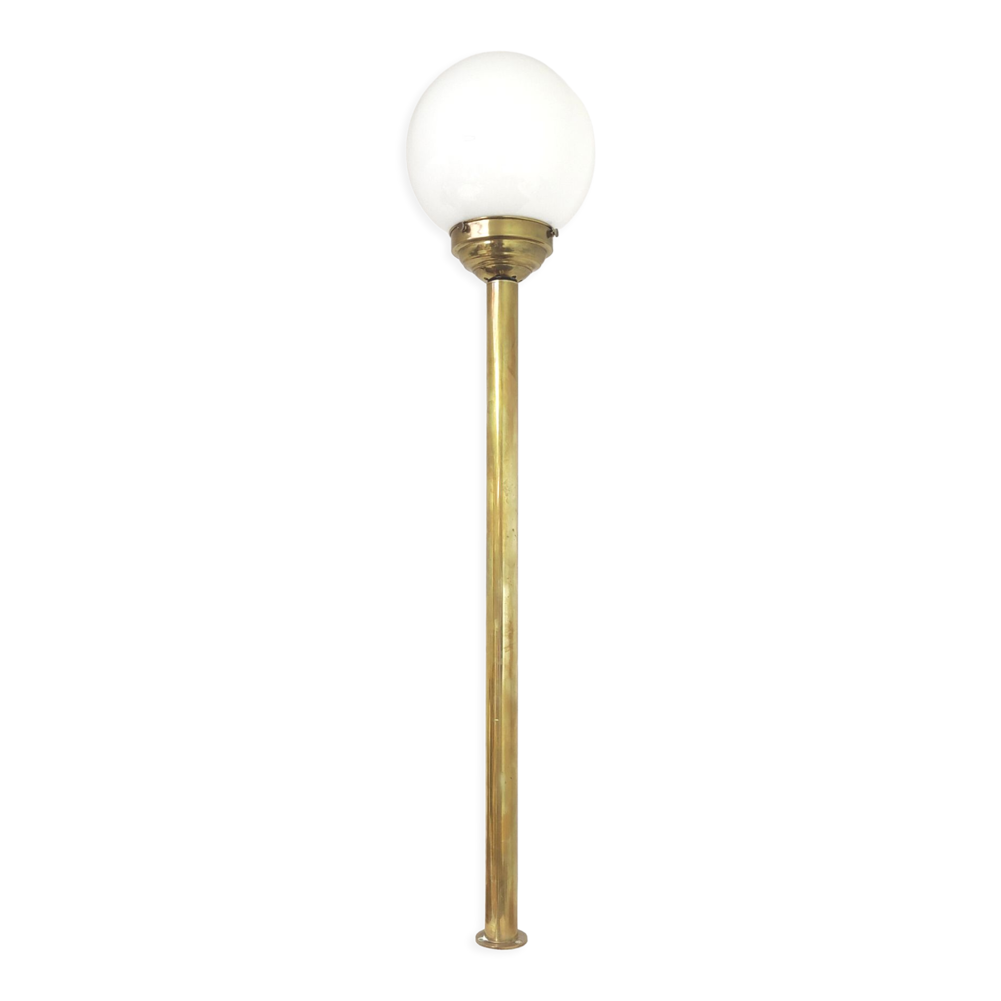 Brass brasserie floor lamp with opaline glass globe