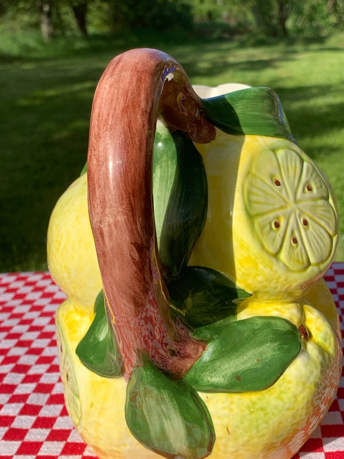 Hand-painted lemon barbotine pitcher vintage Italy