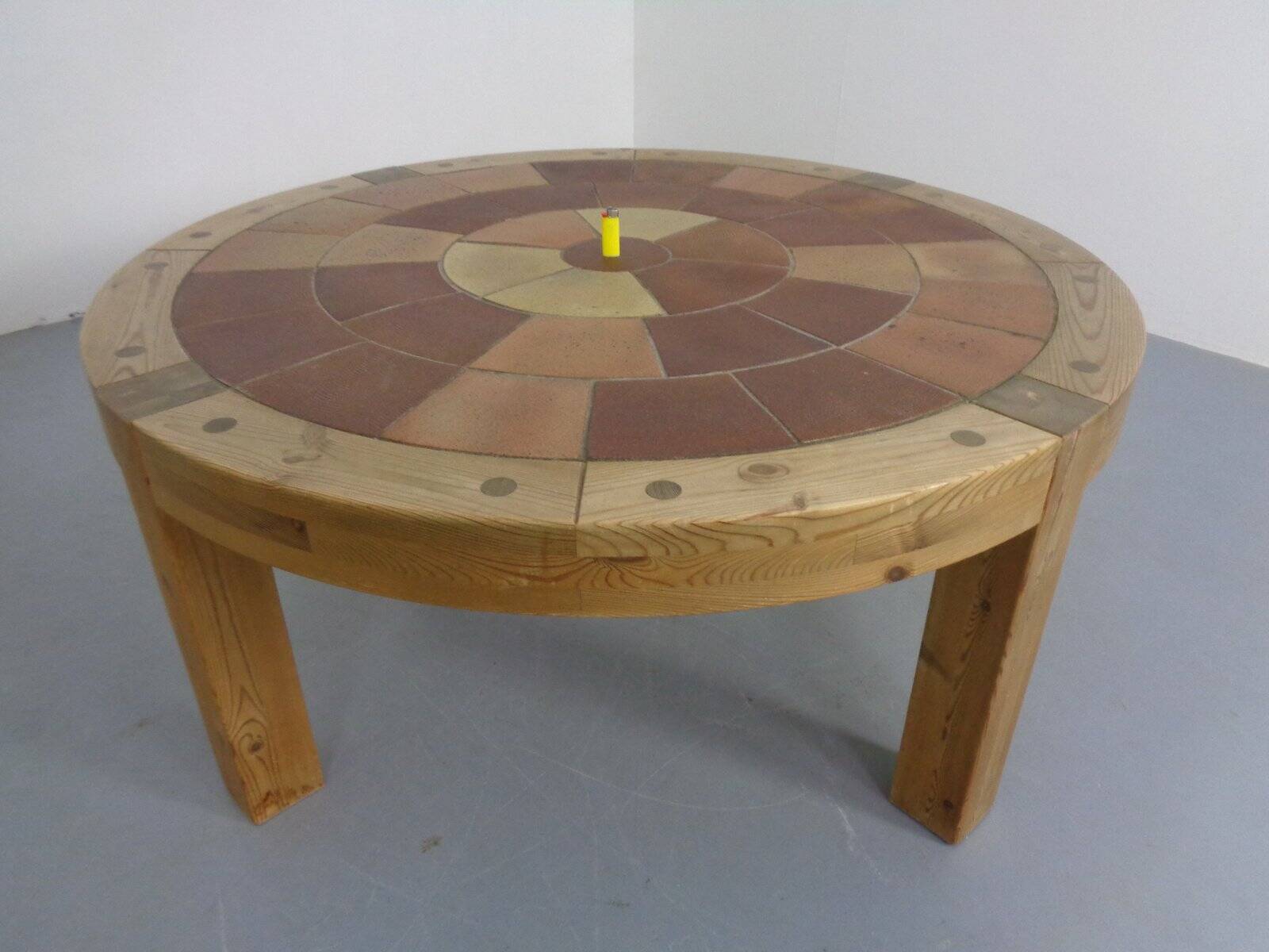 Large pine and ceramic coffee table by Lisbeth Sallingboe for Sallingboe, Denmark, 1970s.