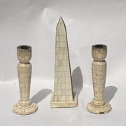 Grand tour bone inlay candle holders, candle sticks and obelisk, ca 1895 France