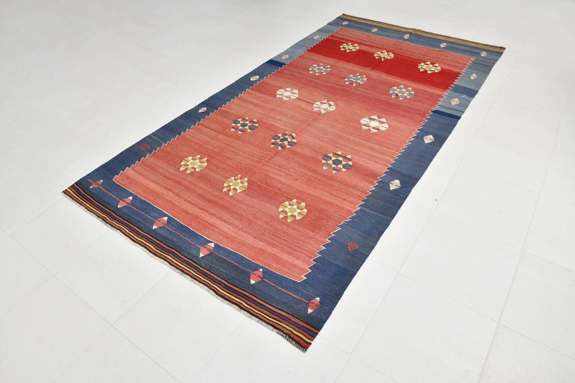 5x10 Blue and Red Vintage Kilim Rug, Handwoven Wool Area Rug, 149x291Cm