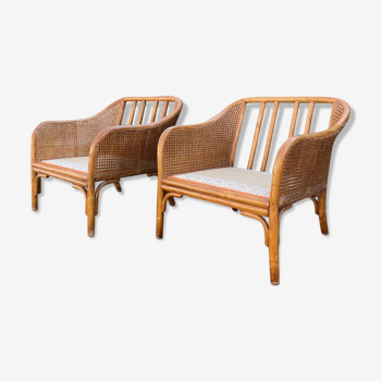 Pair of rattan and canning armchairs