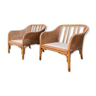 Pair of rattan and canning armchairs