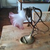 Bronze bedside lamp, pink tulip glass.