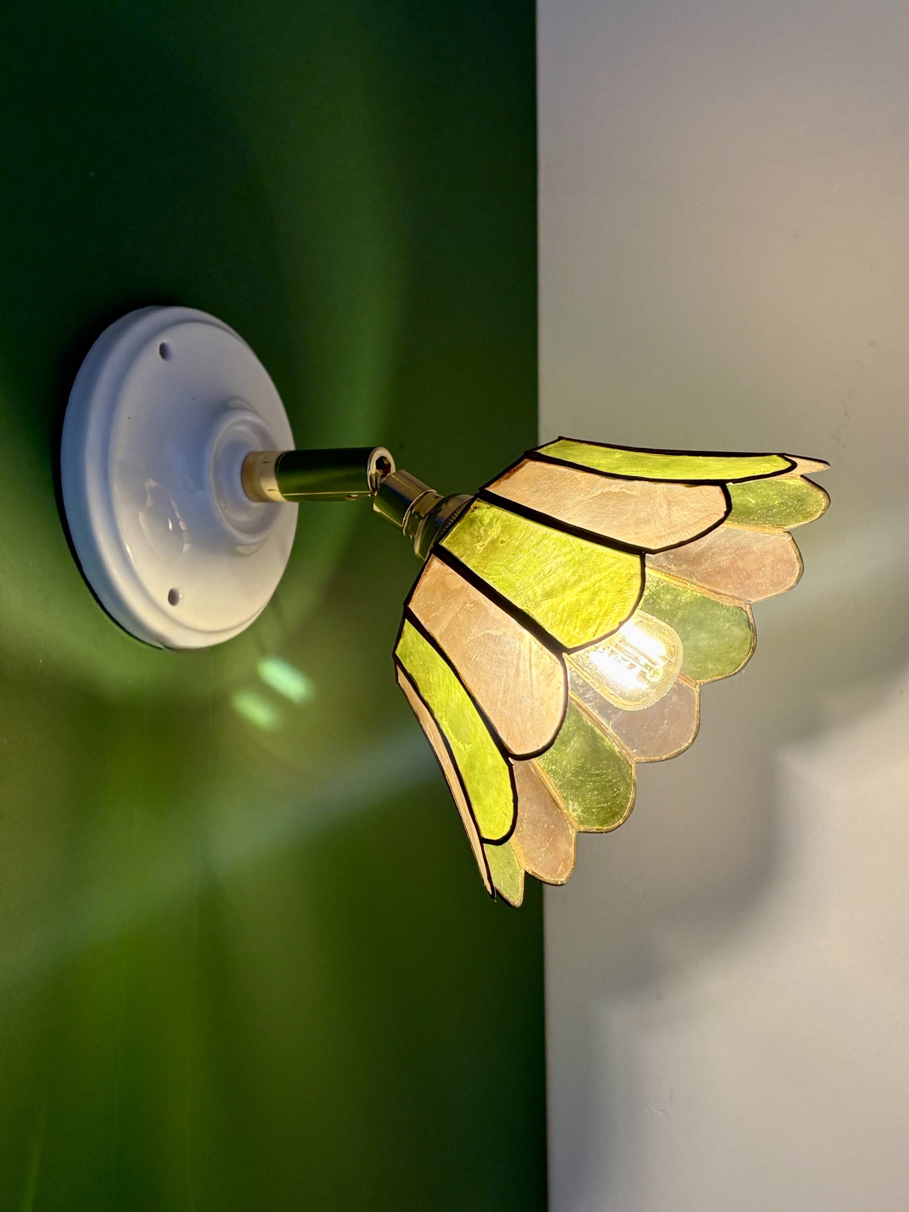 Vintage wall lamp with a green and pink mother-of-pearl lampshade