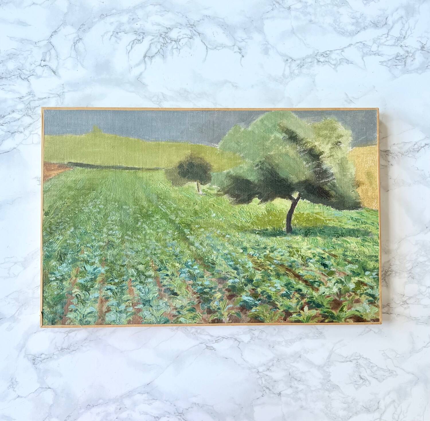 Oil on canvas countryside landscape under a stormy sky