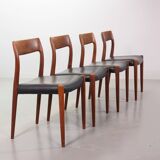Niels Otto Moller Teak Wooden with Black Leather Dining Chairs, Model 77