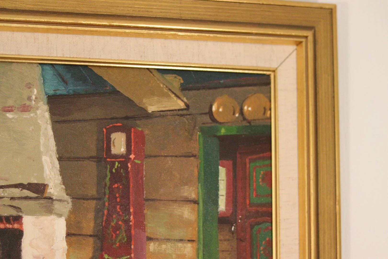 Huile sur toile suédoise originale du milieu du siècle – cheminée de cuisine