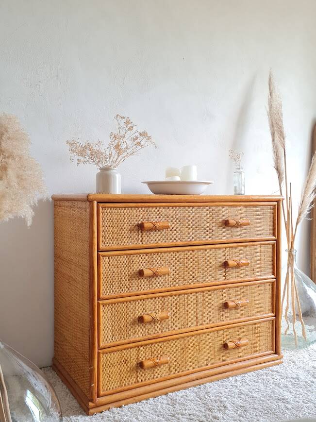 Vintage rattan chest of drawers circa 70s