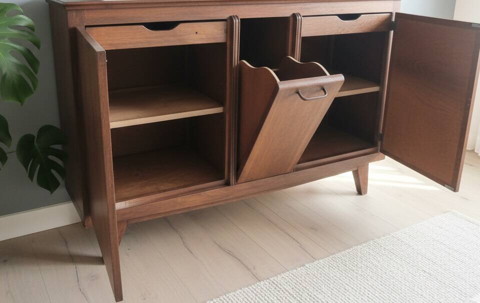 Vintage 1950s Mado sideboard - two sections - patinated wood & art deco glass