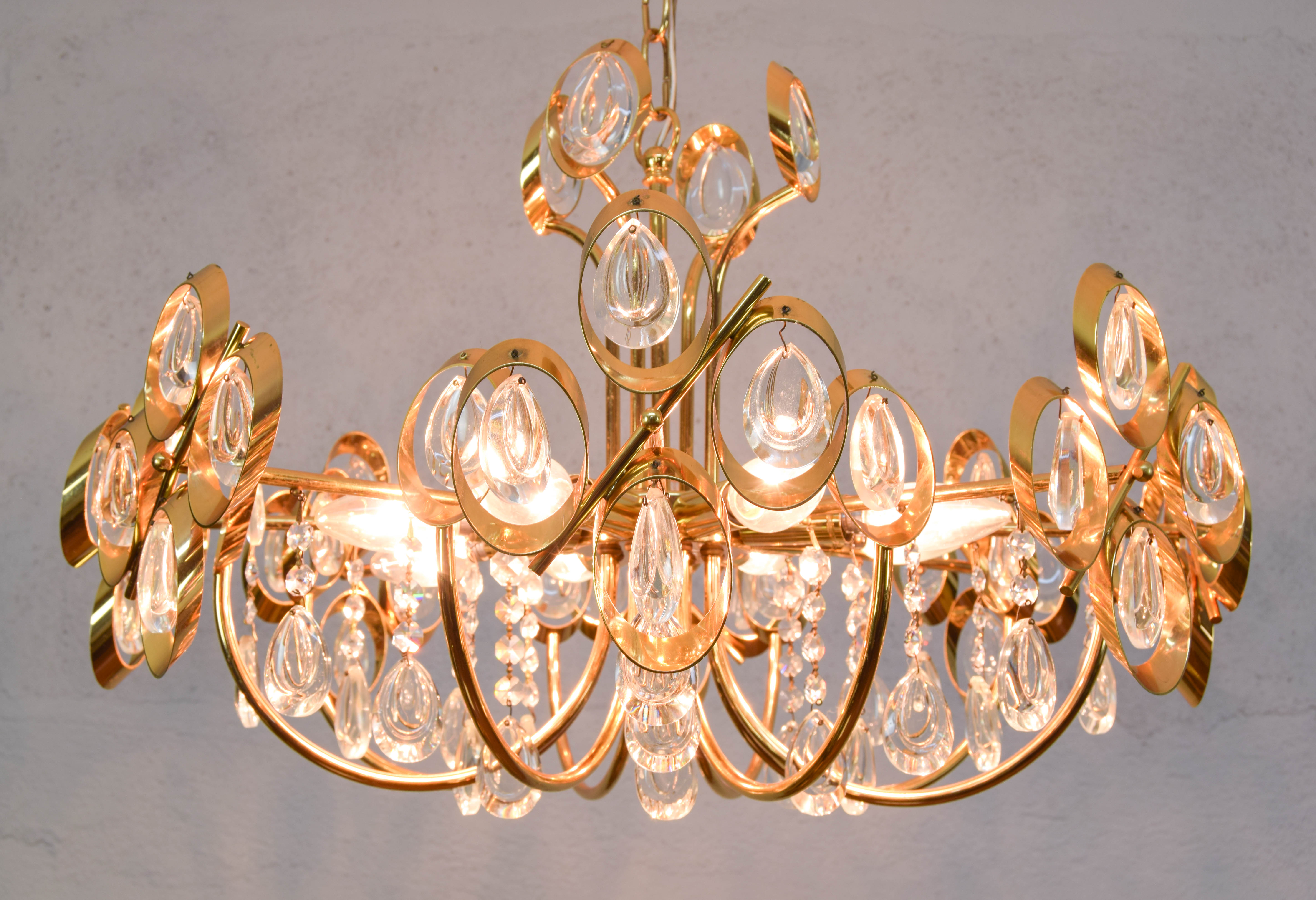 Mid century hollywood regency palwa gilt brass and crystal chandelier