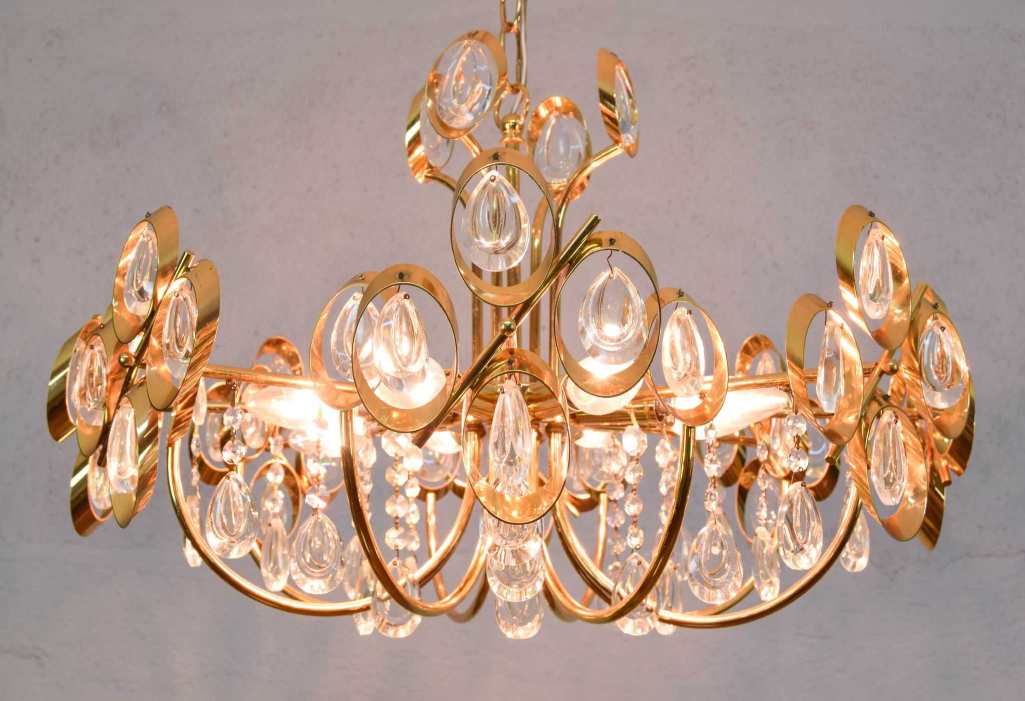 Mid century hollywood regency palwa gilt brass and crystal chandelier